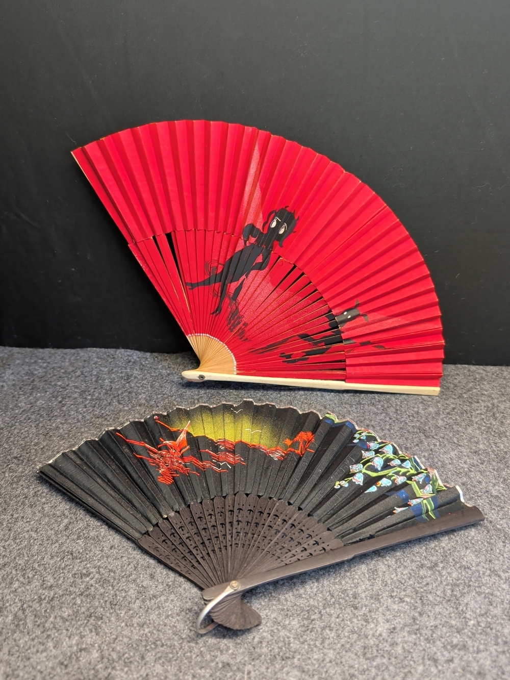Two Hand Fans Bamboo, Silk And Paper.